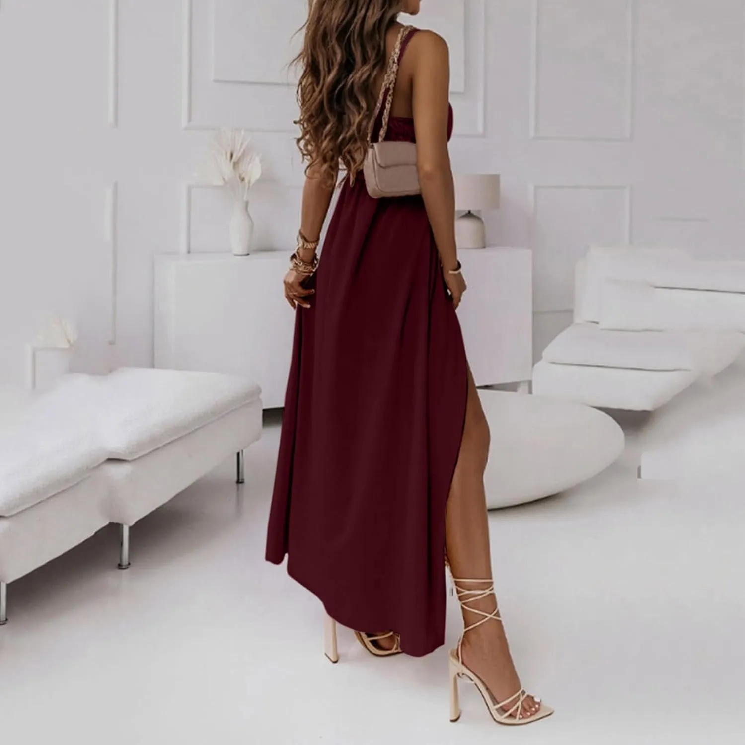 Women's Spaghetti Strap Ruched Wrap Tie Waist Pleated Front Split A Line Midi Dress Summer Cocktail Wedding Guest Dress