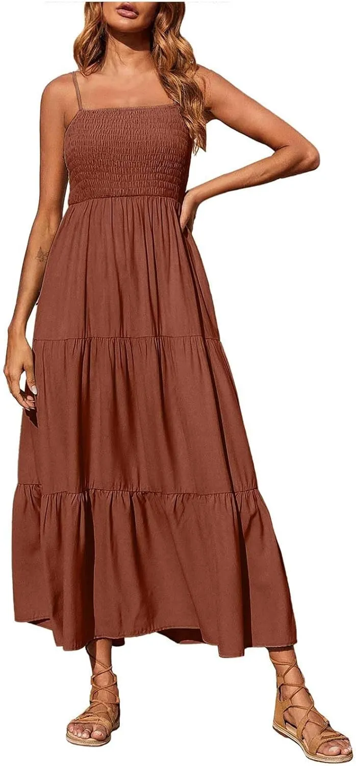 Women's Spaghetti Straps Maxi Dresses Smocked Sleeveless Summer Dress Ruffle Tiered Swing Flowy Boho Long Sundress