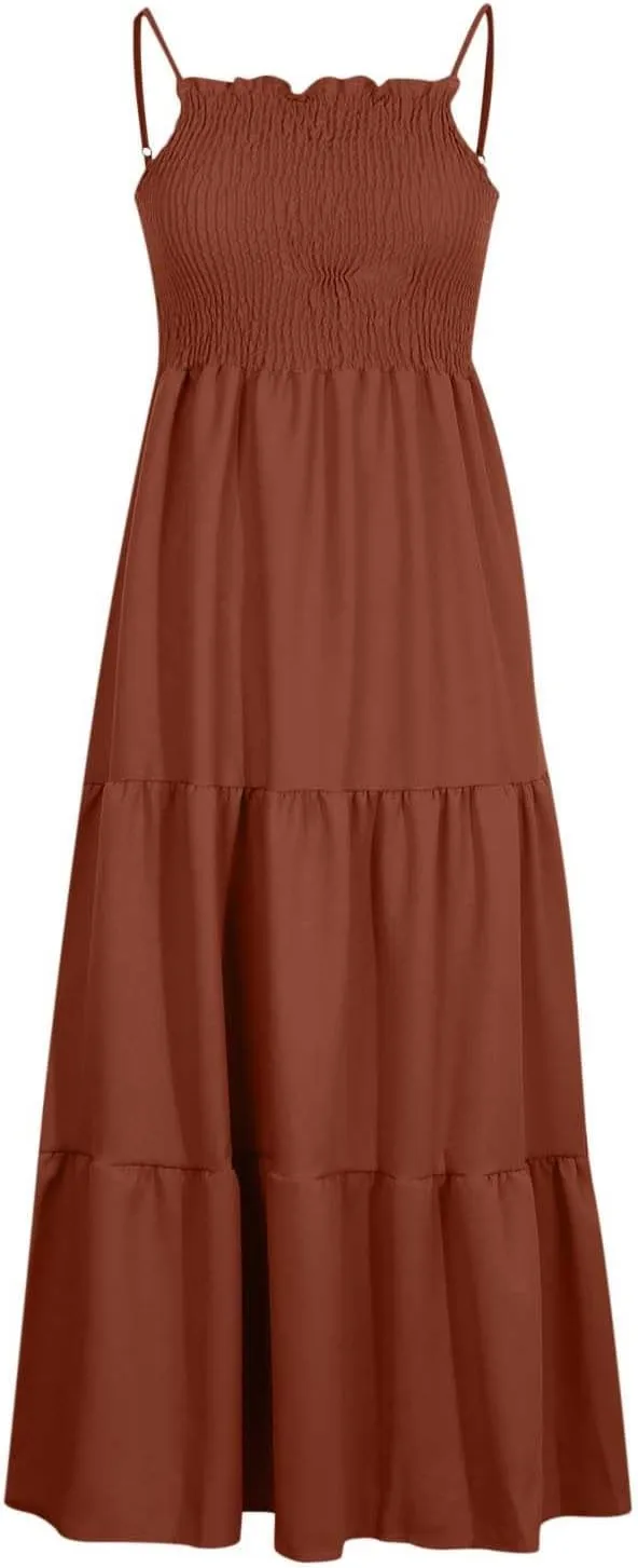 Women's Spaghetti Straps Maxi Dresses Smocked Sleeveless Summer Dress Ruffle Tiered Swing Flowy Boho Long Sundress