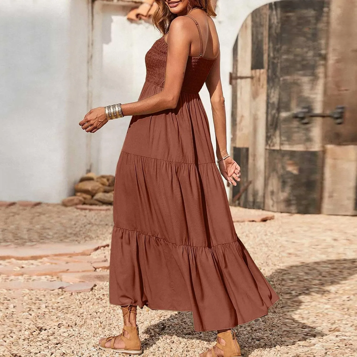 Women's Spaghetti Straps Maxi Dresses Smocked Sleeveless Summer Dress Ruffle Tiered Swing Flowy Boho Long Sundress