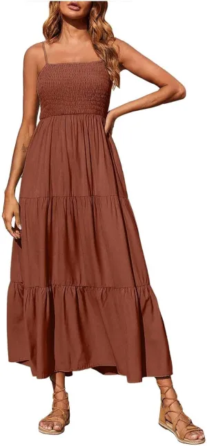 Women's Spaghetti Straps Maxi Dresses Smocked Sleeveless Summer Dress Ruffle Tiered Swing Flowy Boho Long Sundress
