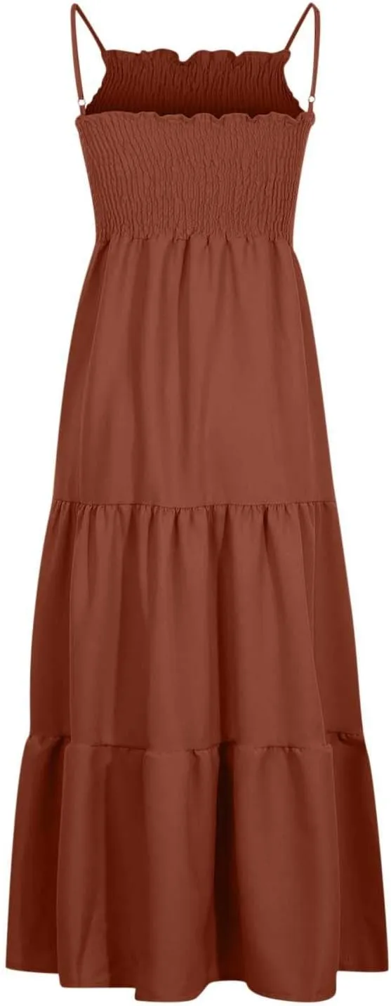 Women's Spaghetti Straps Maxi Dresses Smocked Sleeveless Summer Dress Ruffle Tiered Swing Flowy Boho Long Sundress