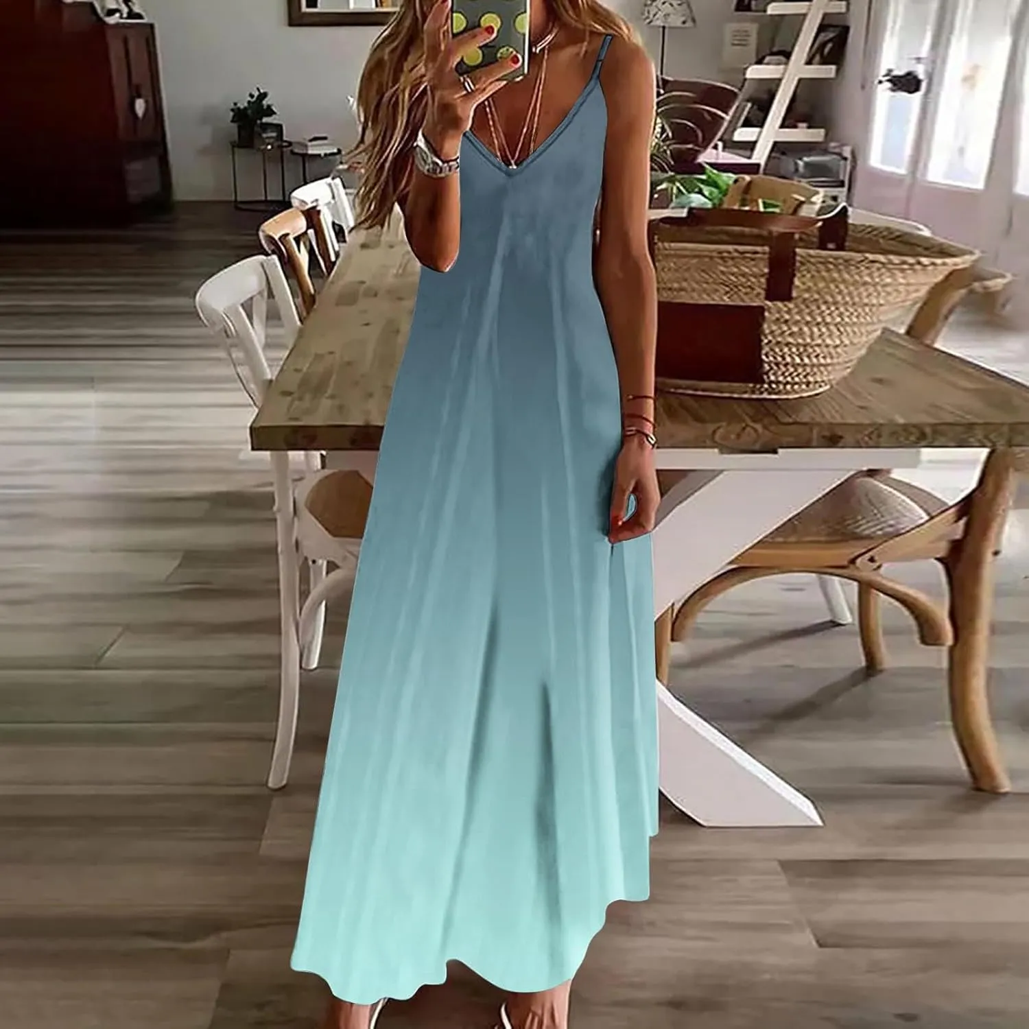 Women's Summer Casual Spaghetti Strap Dress V Neck Boho Loose Maxi Sundresses Gradient Sleeveless Beach Long Dresses
