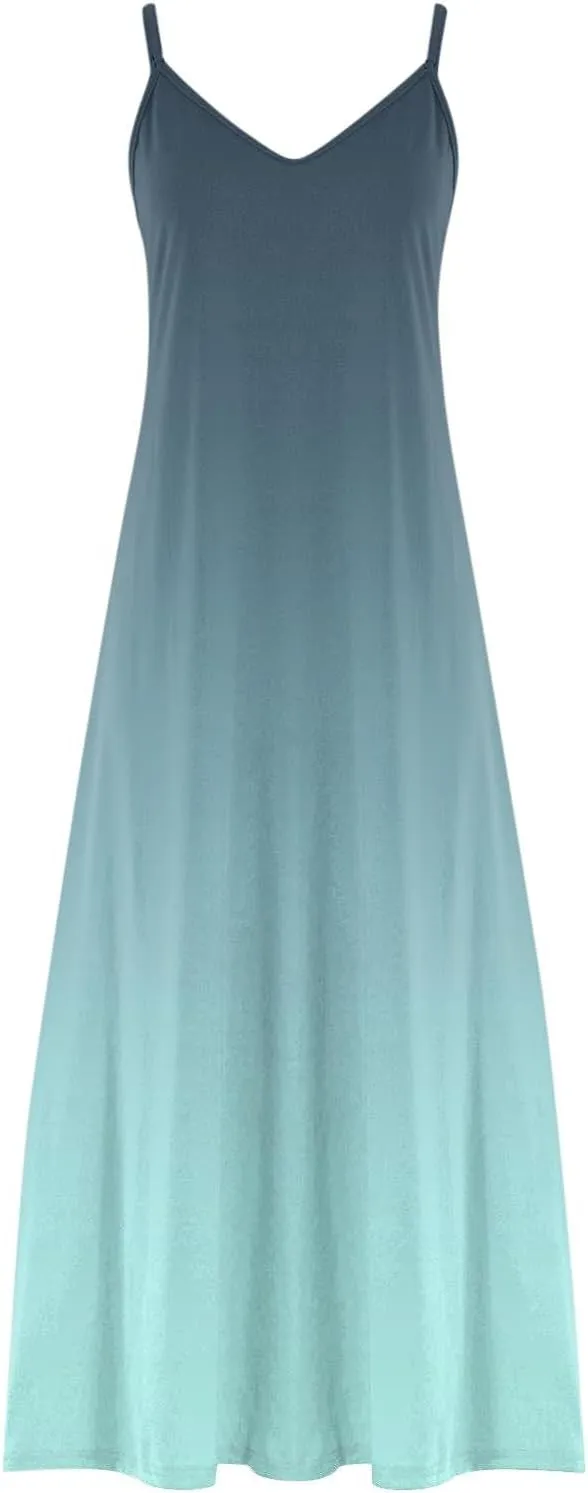 Women's Summer Casual Spaghetti Strap Dress V Neck Boho Loose Maxi Sundresses Gradient Sleeveless Beach Long Dresses