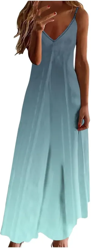 Women's Summer Casual Spaghetti Strap Dress V Neck Boho Loose Maxi Sundresses Gradient Sleeveless Beach Long Dresses