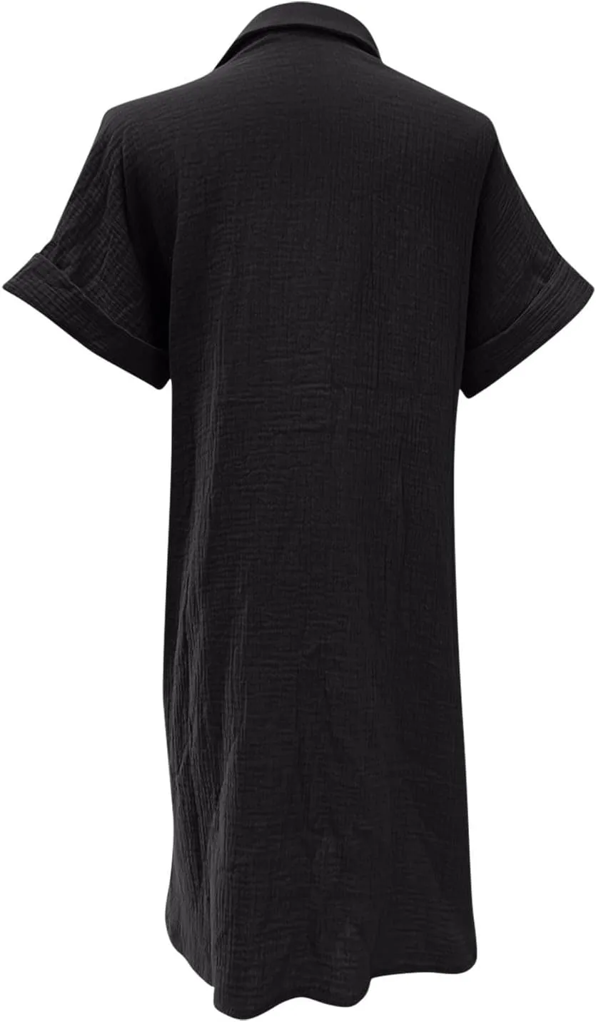 Women's Summer Cotton Shirt Dress Short Sleeves Button Down Knee Length Dresses Casual Loose Mini Dress with Pockets