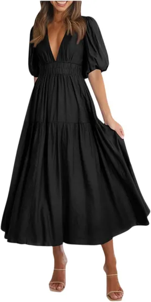 Womens Summer Dresses Trendy Plain Draped Dress Classy Fit and Flare Cinched Waist V Neck Vacation Beach Frock Resort A Line Puff Sleeve Daisy Floral A Line Daily White Sundress