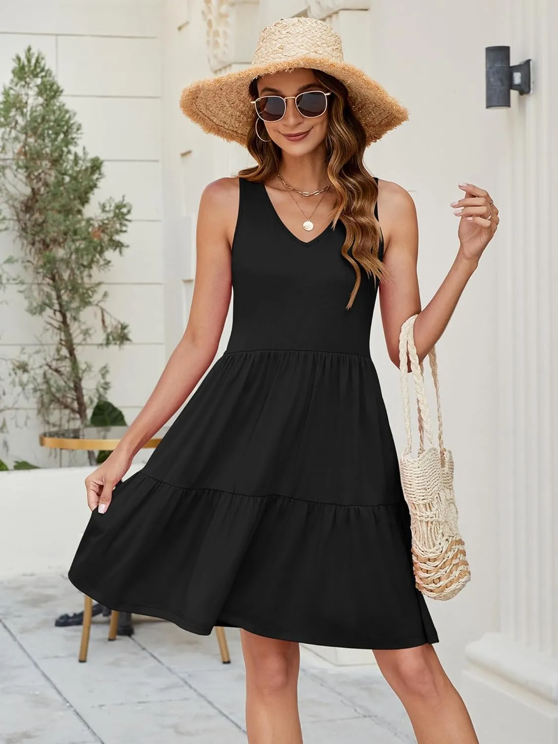 Womens Summer Dresses V Neck Tank Tiered Flowy Mini A Line Casual Sundress with Pockets