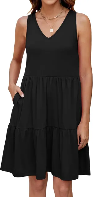 Womens Summer Dresses V Neck Tank Tiered Flowy Mini A Line Casual Sundress with Pockets