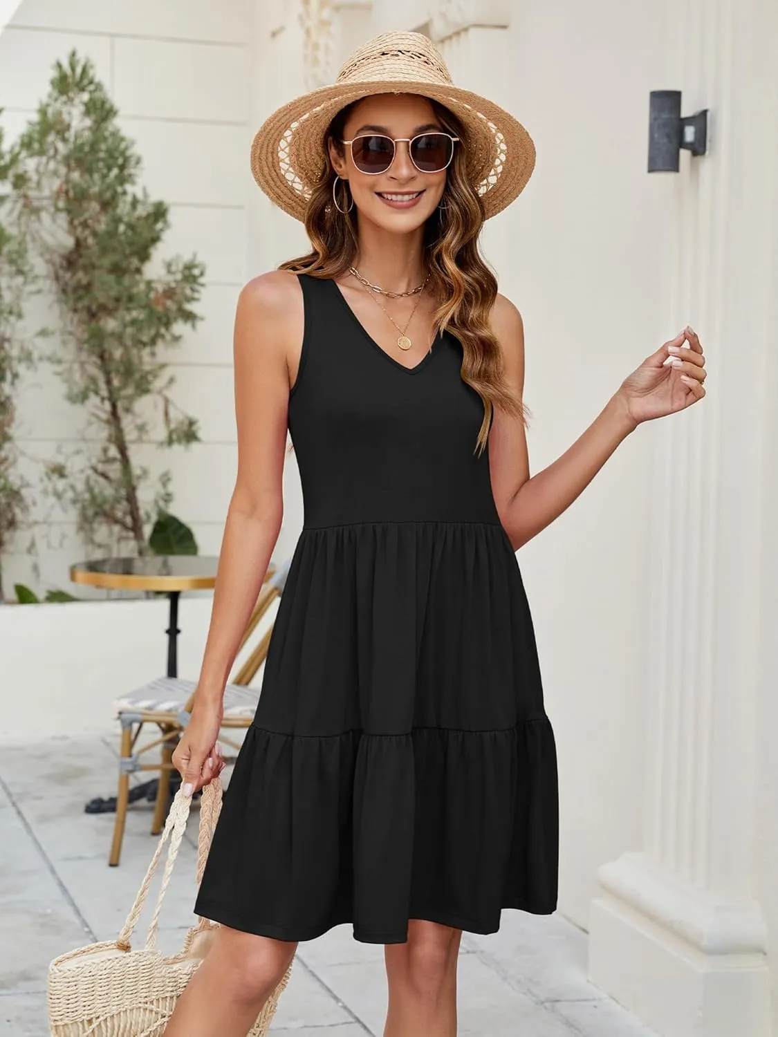 Womens Summer Dresses V Neck Tank Tiered Flowy Mini A Line Casual Sundress with Pockets