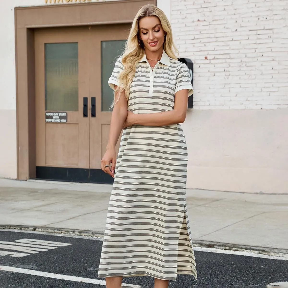 Women's Summer Striped Midi Dress 2025 Casual Short Sleeve V Neck Collared Side Slit Maxi Knit Dresses