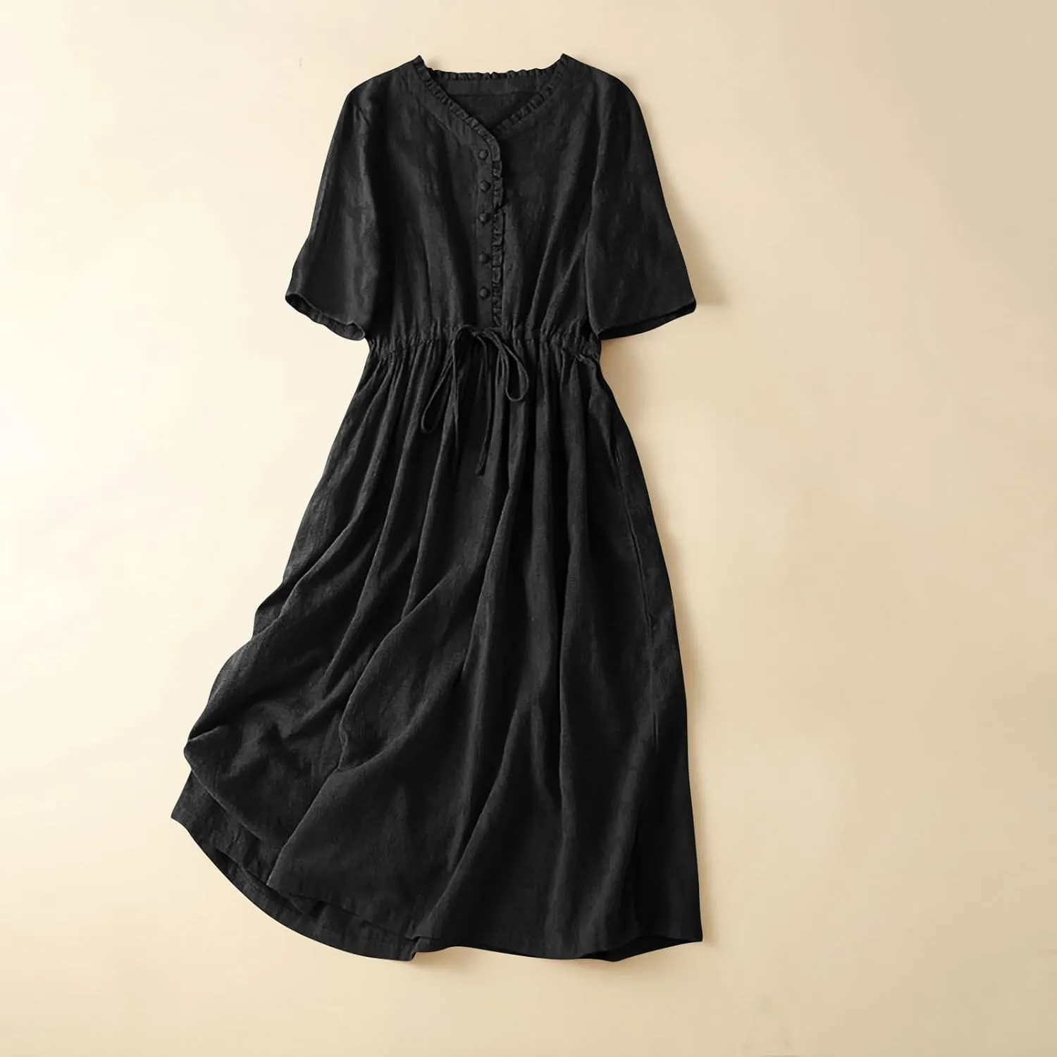Womens Summer Trendy Textured Midi Dresses Casual Elbow Length Sleeve V Neck Drawstring Waist Pleated Flowy Boho Dress