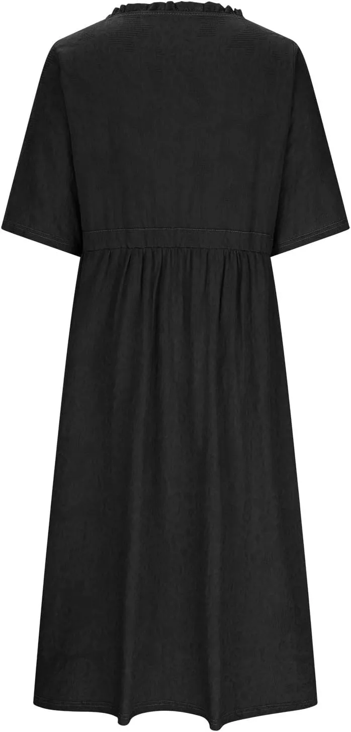 Womens Summer Trendy Textured Midi Dresses Casual Elbow Length Sleeve V Neck Drawstring Waist Pleated Flowy Boho Dress