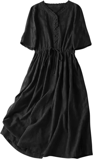 Womens Summer Trendy Textured Midi Dresses Casual Elbow Length Sleeve V Neck Drawstring Waist Pleated Flowy Boho Dress