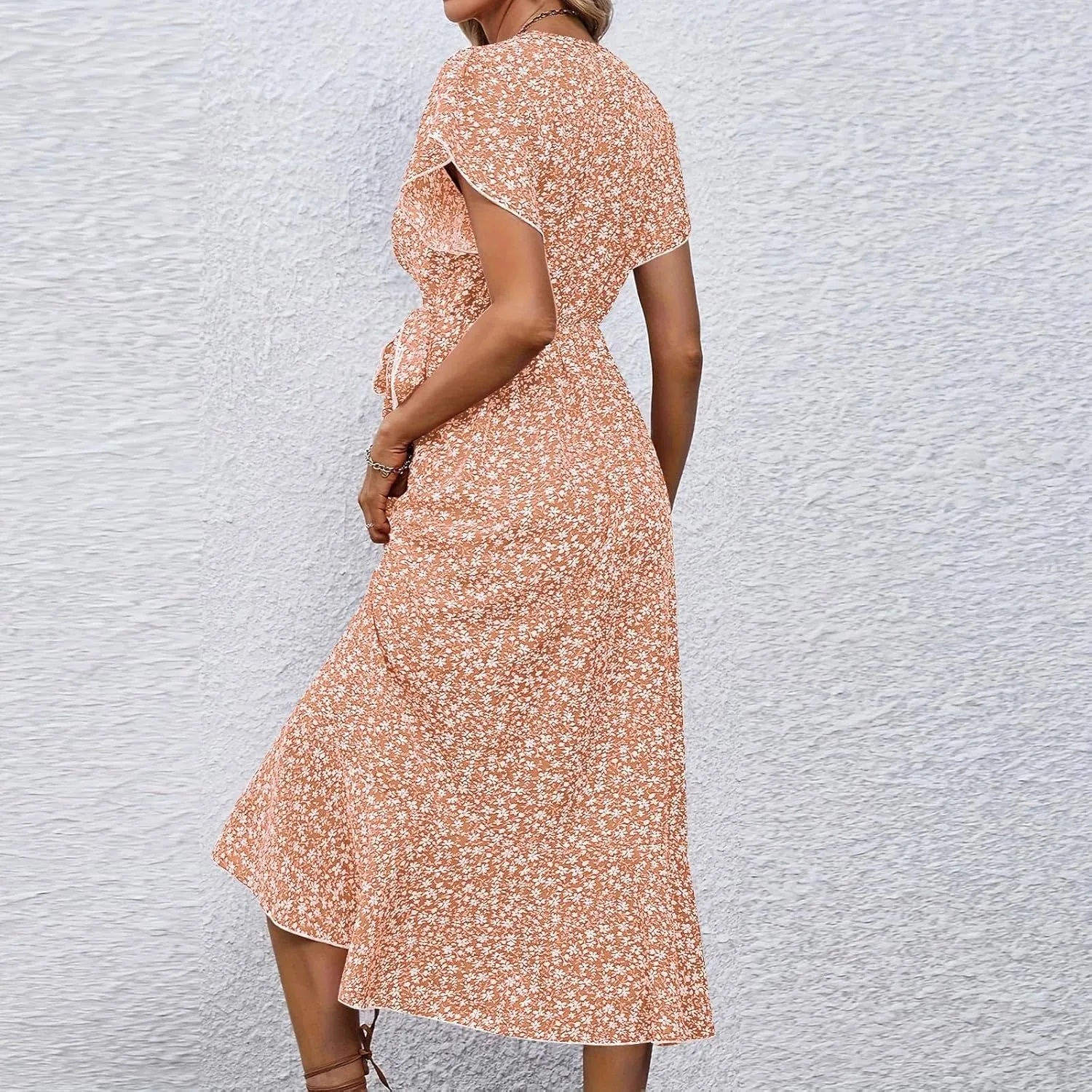Wrap Dress for Women V Neck Flutter Sleeve Ruffle Floral Maxi Dress Casual Summer Flowy Boho Garden Party Dresses