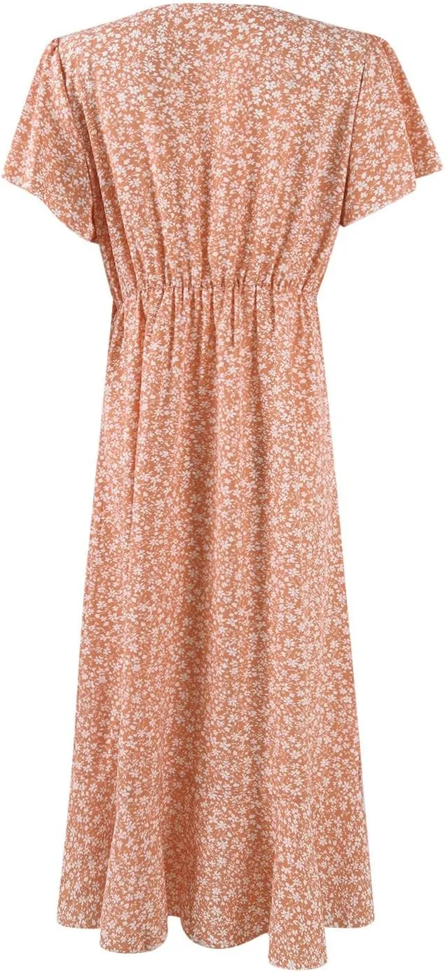Wrap Dress for Women V Neck Flutter Sleeve Ruffle Floral Maxi Dress Casual Summer Flowy Boho Garden Party Dresses
