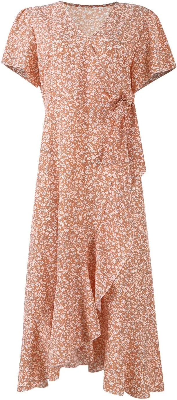 Wrap Dress for Women V Neck Flutter Sleeve Ruffle Floral Maxi Dress Casual Summer Flowy Boho Garden Party Dresses