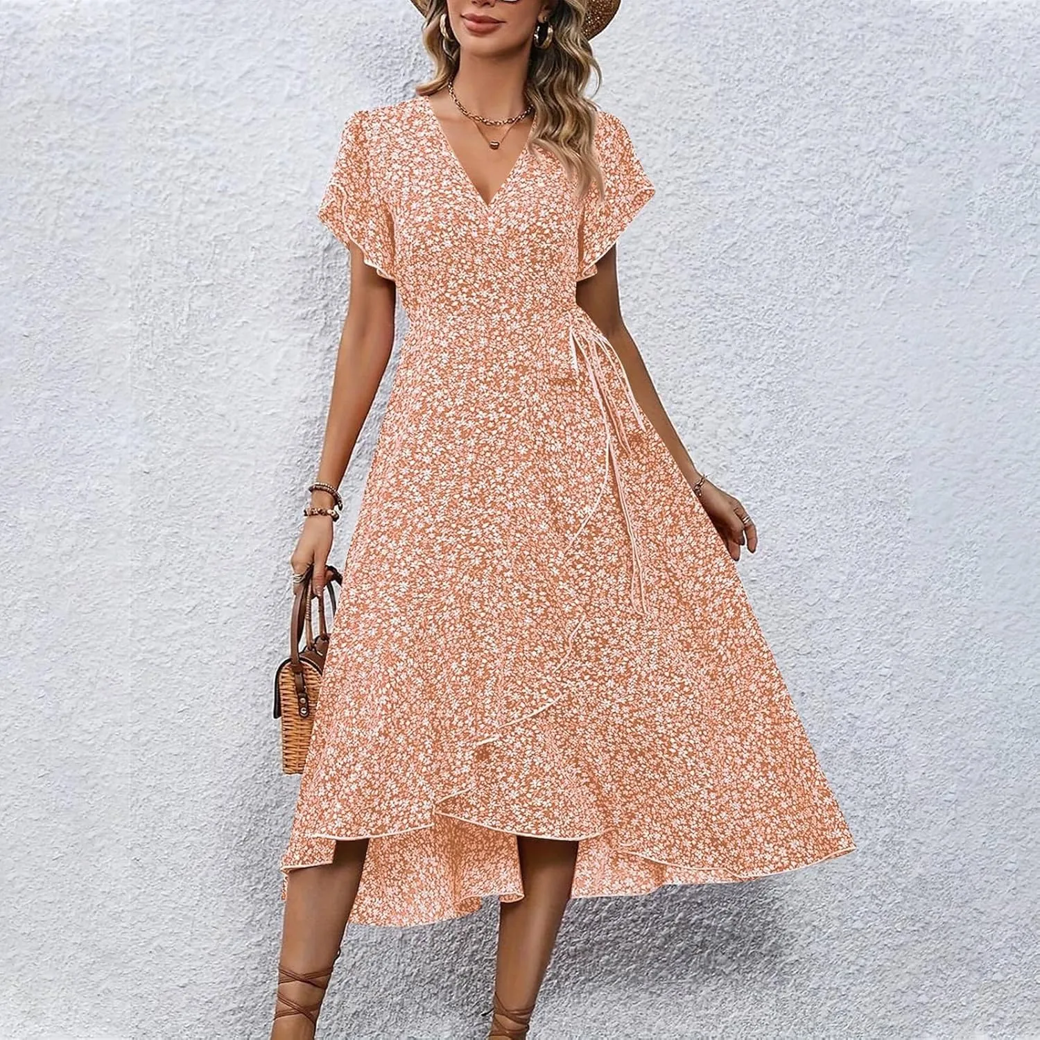 Wrap Dress for Women V Neck Flutter Sleeve Ruffle Floral Maxi Dress Casual Summer Flowy Boho Garden Party Dresses