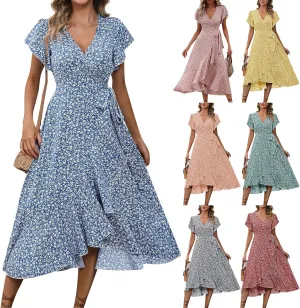 Wrap Dress for Women V Neck Flutter Sleeve Ruffle Floral Maxi Dress Casual Summer Flowy Boho Garden Party Dresses