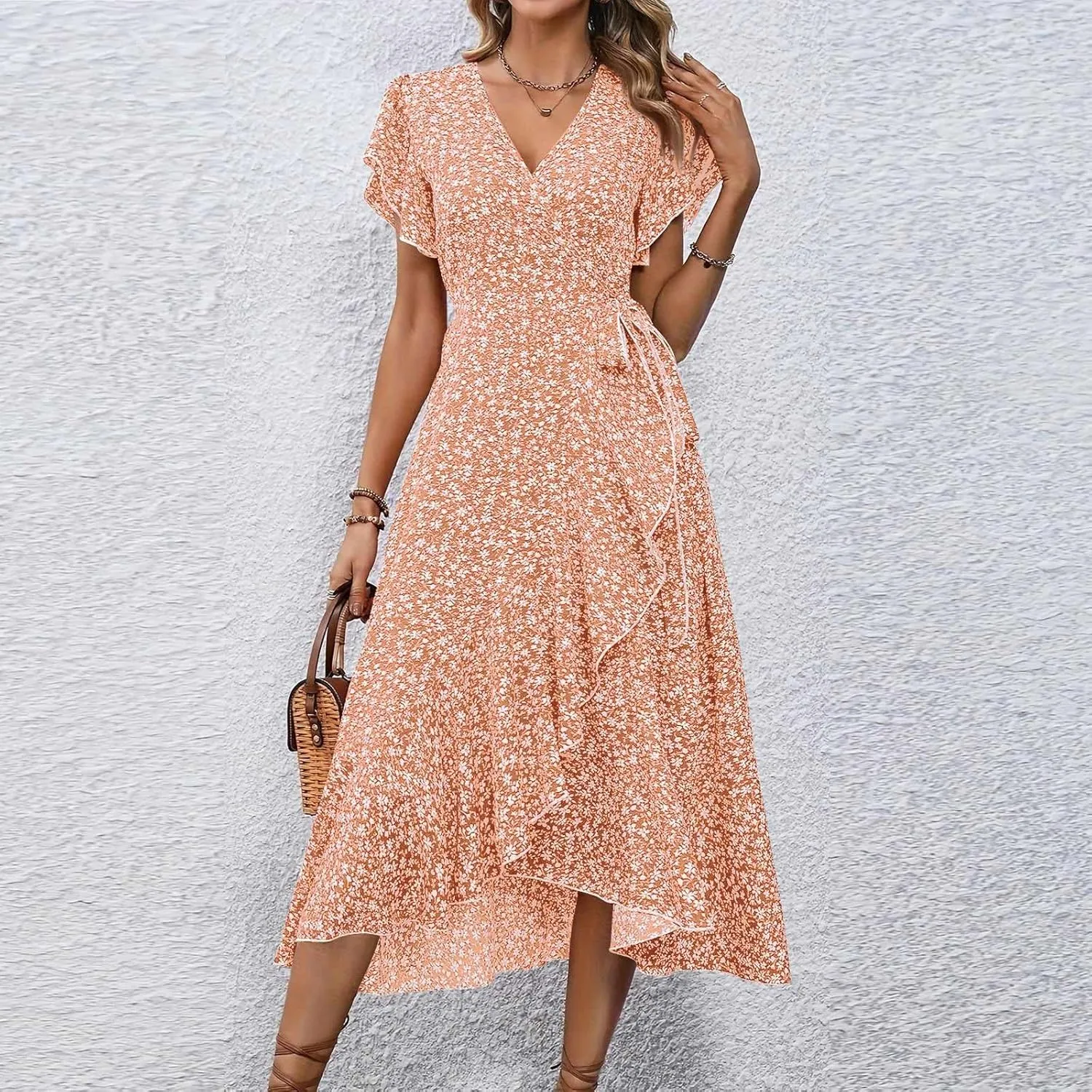 Wrap Dress for Women V Neck Flutter Sleeve Ruffle Floral Maxi Dress Casual Summer Flowy Boho Garden Party Dresses