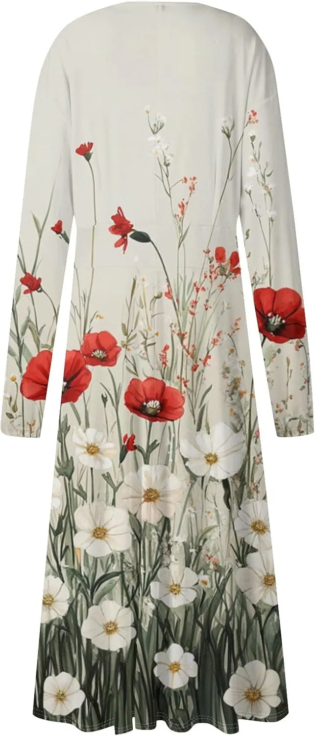 ZEFOTIM Long Sleeve Dress for Women Comfy V Neck Cute Floral Dresses Spring Summer Dresses