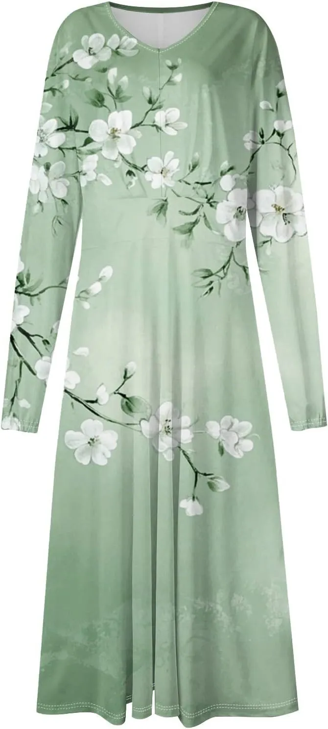 ZEFOTIM Long Sleeve Dress for Women Comfy V Neck Cute Floral Dresses Spring Summer Dresses