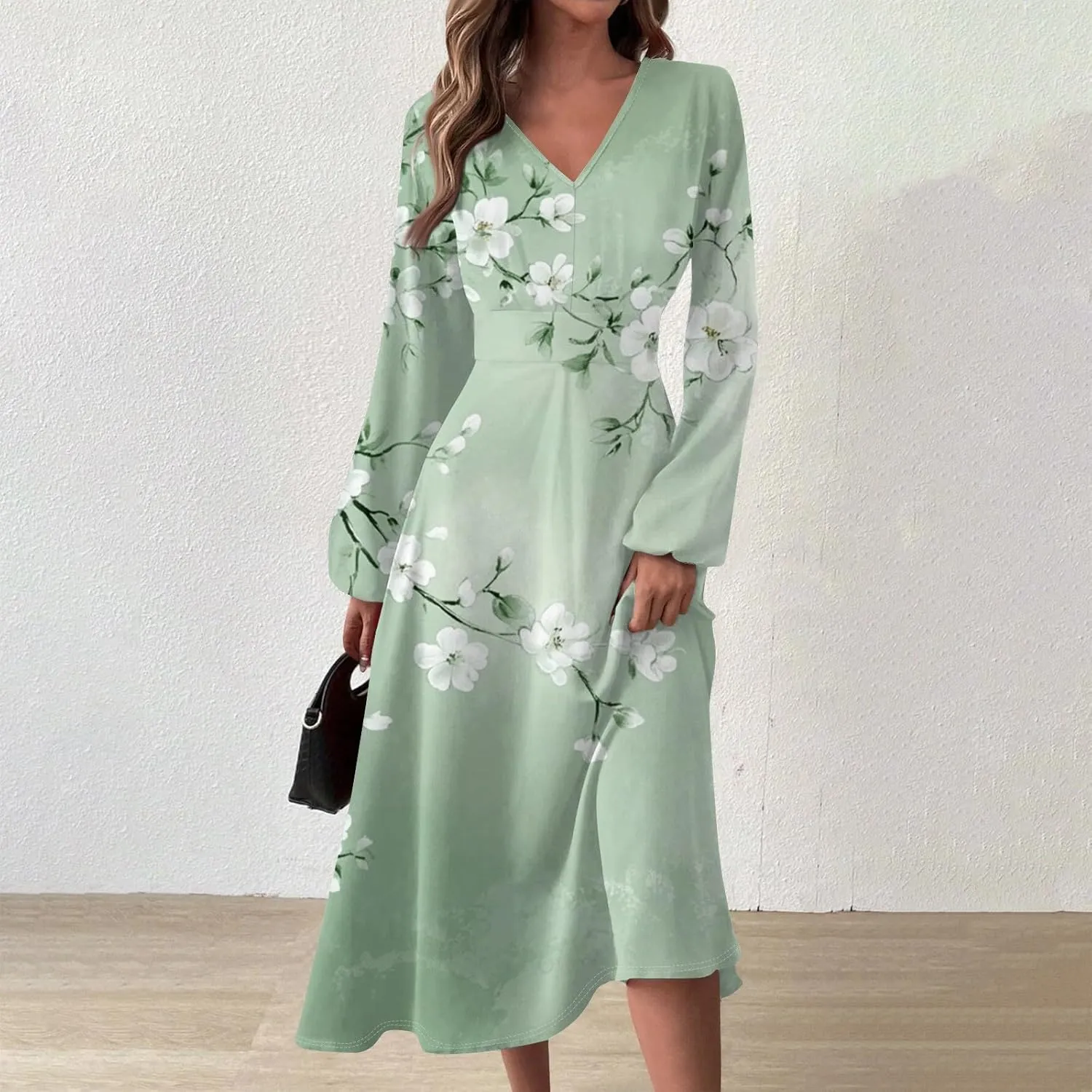 ZEFOTIM Long Sleeve Dress for Women Comfy V Neck Cute Floral Dresses Spring Summer Dresses