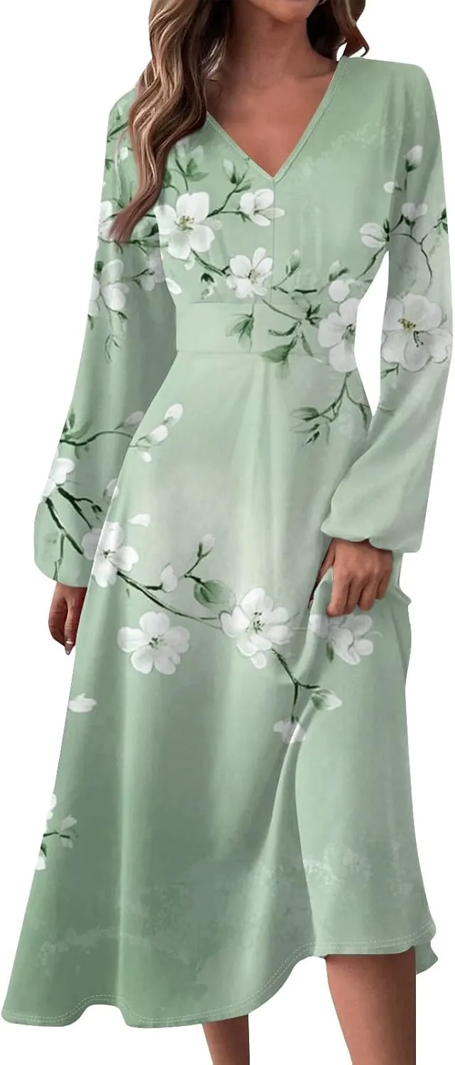 ZEFOTIM Long Sleeve Dress for Women Comfy V Neck Cute Floral Dresses Spring Summer Dresses