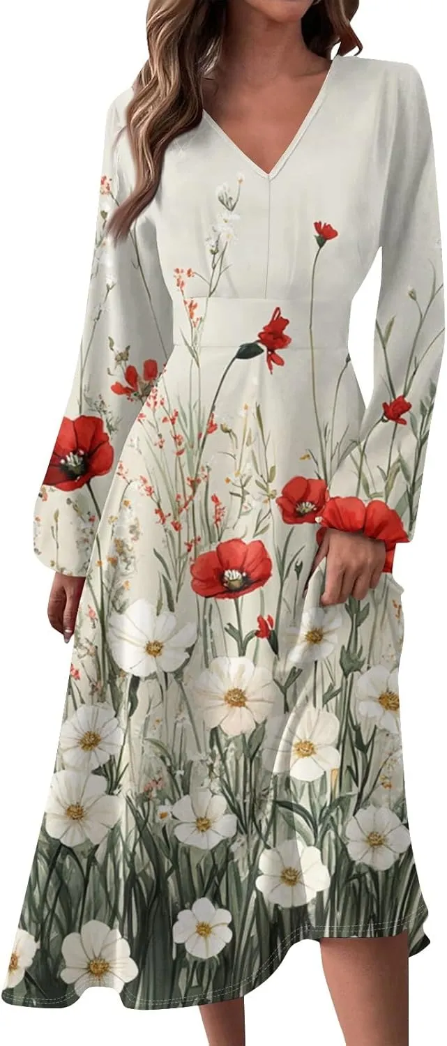 ZEFOTIM Long Sleeve Dress for Women Comfy V Neck Cute Floral Dresses Spring Summer Dresses