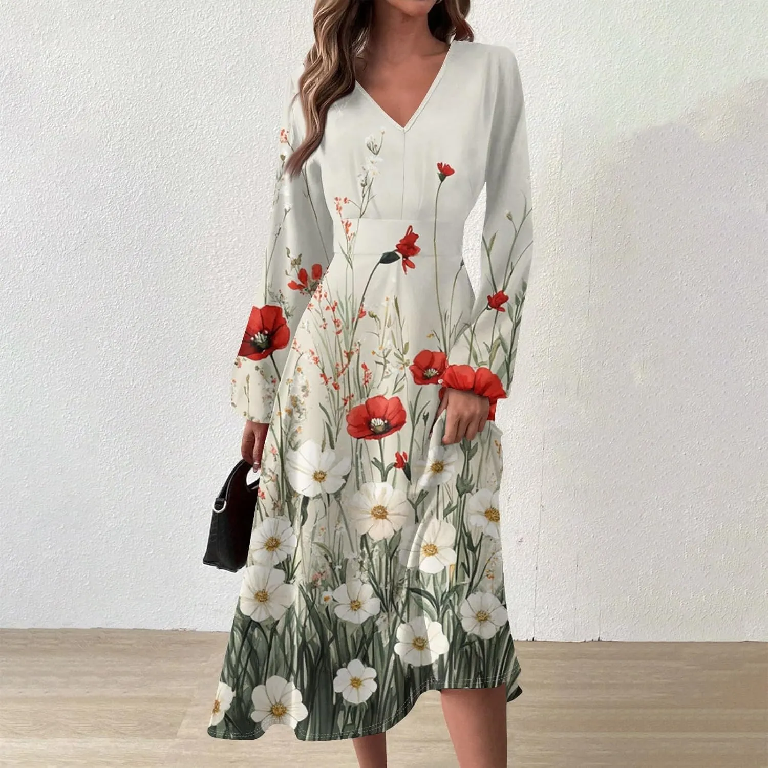 ZEFOTIM Long Sleeve Dress for Women Comfy V Neck Cute Floral Dresses Spring Summer Dresses