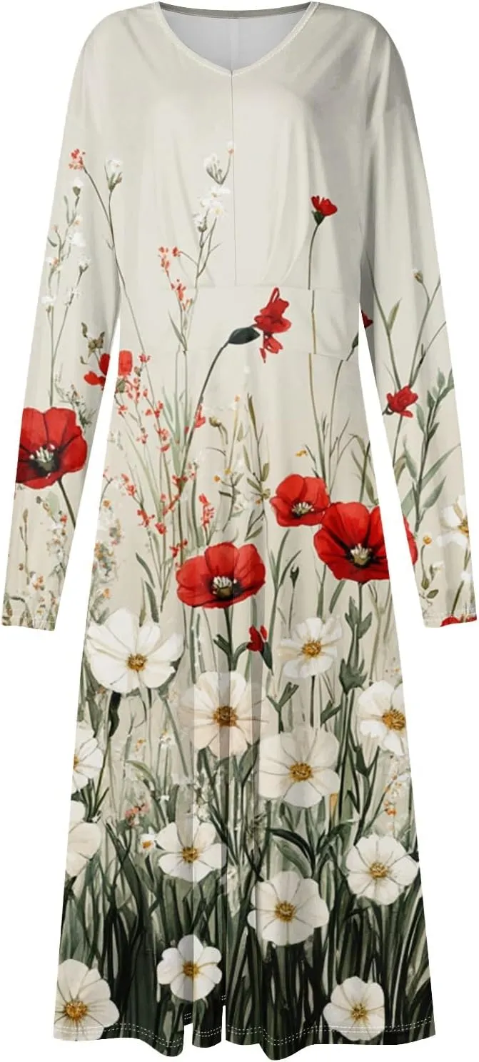 ZEFOTIM Long Sleeve Dress for Women Comfy V Neck Cute Floral Dresses Spring Summer Dresses